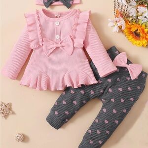 Pink and Gray Kids Matching Set with Bow Accents